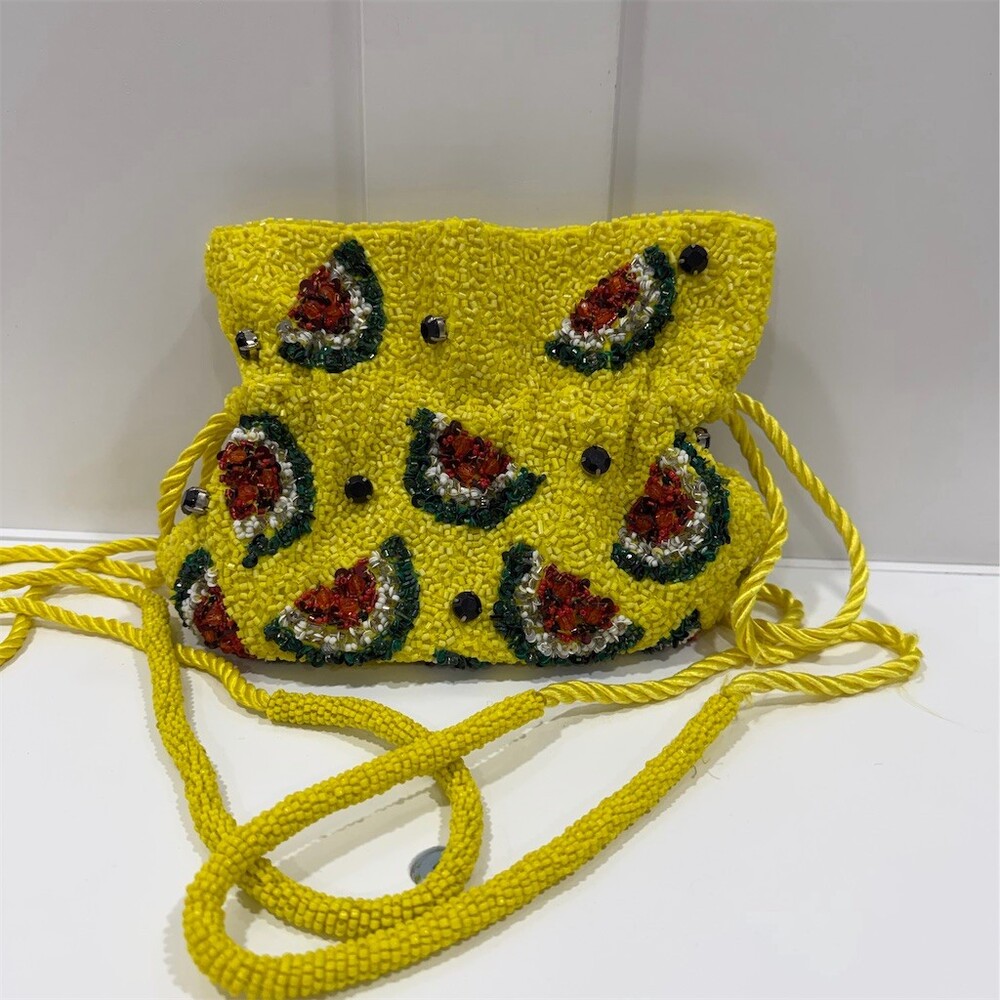 Zara Crossbody Bag Womens Yellow Beaded Watermelon Pattern Bucket
